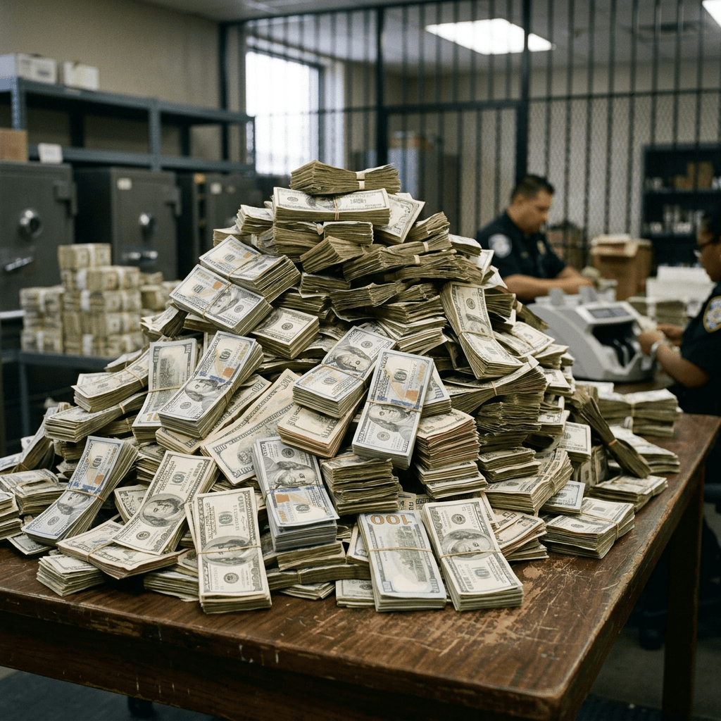 Bundles of US hundred-dollar bills stacked on a table with officers counting money in the background